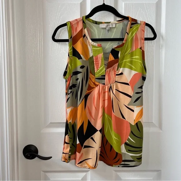 ⭐️ Loft Palm Split Neck Mixed Media Shell Sleeveless Tank SMALL - Picture 6 of 11